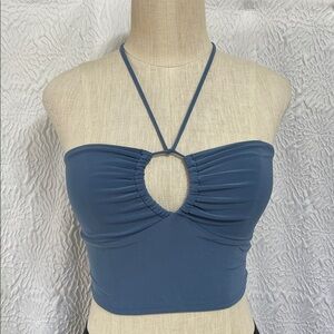 Triple 7 Slate Blue Halter Keyhole Crop Top